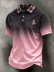 Men's Pink Charity Ribbon Pattern Checkered Patchwork Gradient Design Casual Polo Shirt