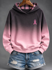 Women's Pink Charity Ribbon Pattern Checkered Patchwork Gradient Design Casual  Hoodie