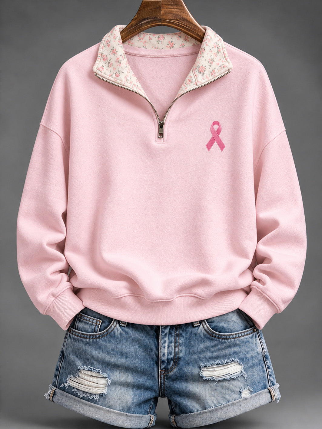 Women's Pink Charity Ribbon Pattern Tie-Dye Design Casual Half-Zip Sweatshirt
