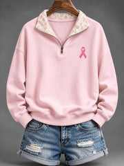 Women's Pink Charity Ribbon Pattern Tie-Dye Design Casual Half-Zip Sweatshirt