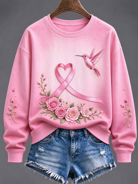 Women's Pink Ribbon Floral & Hummingbird Print Breast Cancer Awareness Support Sweatshirt