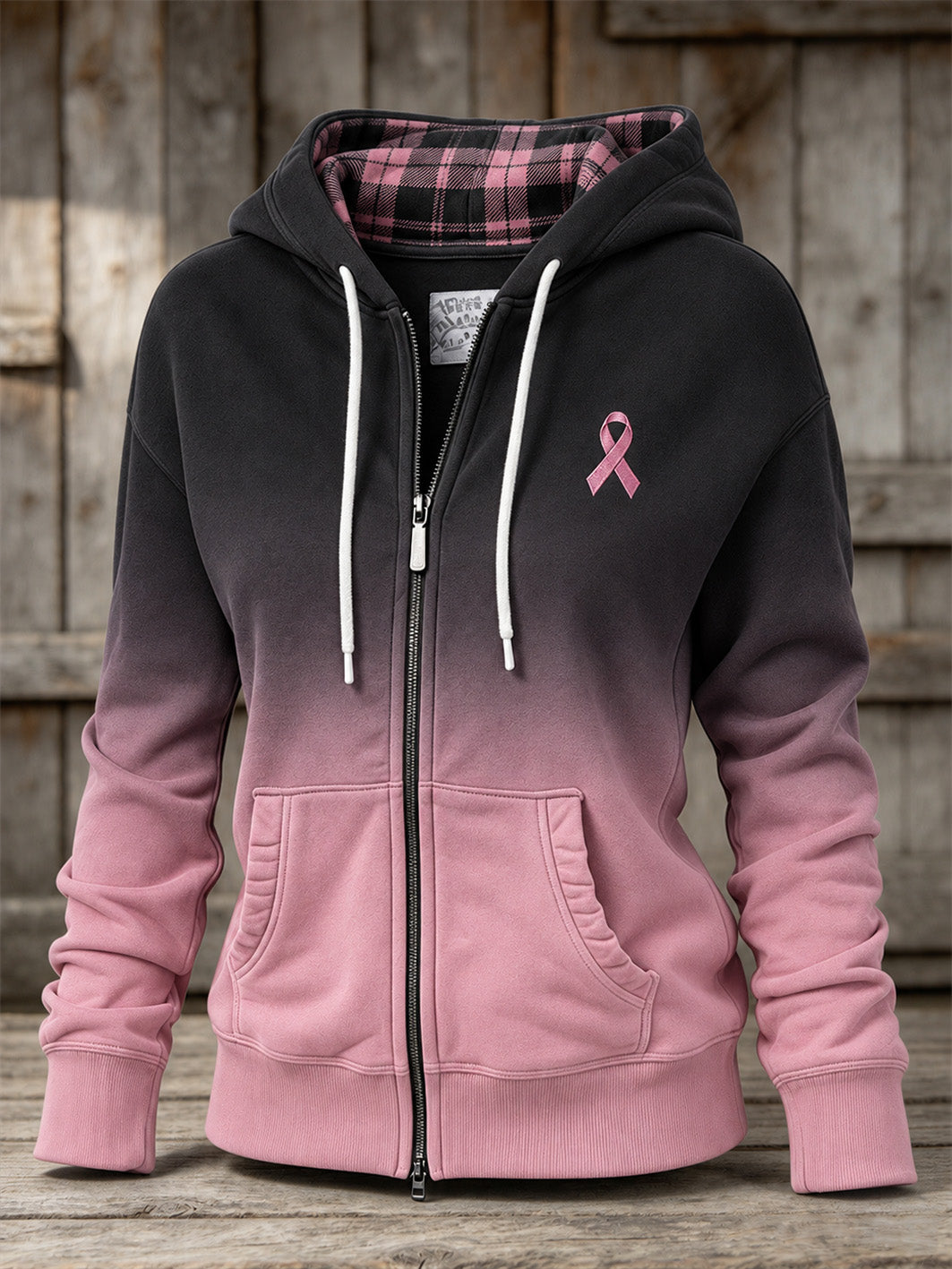 Women's Pink Charity Ribbon Pattern Checkered Patchwork Gradient Design Casual Zip-Up Hoodie