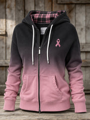 Women's Pink Charity Ribbon Pattern Checkered Patchwork Gradient Design Casual Zip-Up Hoodie