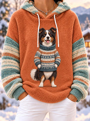 Women's Cute Winter Border Collie Print Dog Lover Casual Flannel Hoodie