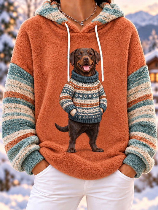 Women's Cute Winter Labrador Retriever Print Dog Lover Casual Flannel Hoodie