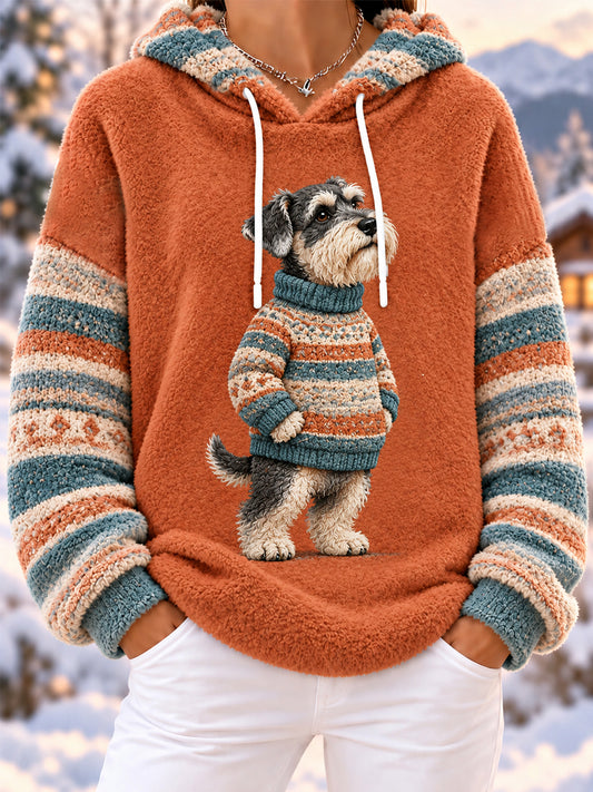 Women's Cute Winter Schnauzer Print Dog Lovers Casual Flannel Hoodie