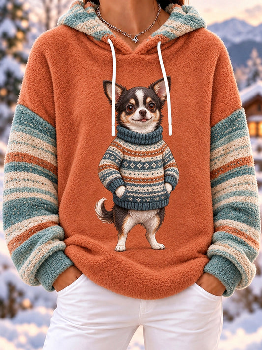 Women's Cute Winter Chihuahua Print Dog Lover Casual Flannel Hoodie