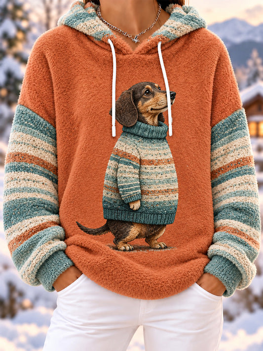 Women's Cute Winter Dachshund Print Dog Lovers Casual Flannel Hoodie