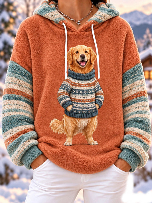Women's Cute Winter Golden Retriever Print Dog Lover Casual Flannel Hoodie