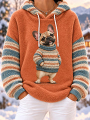 Women's Cute Winter French Bulldog Print Dog Lovers Casual Flannel Hoodie