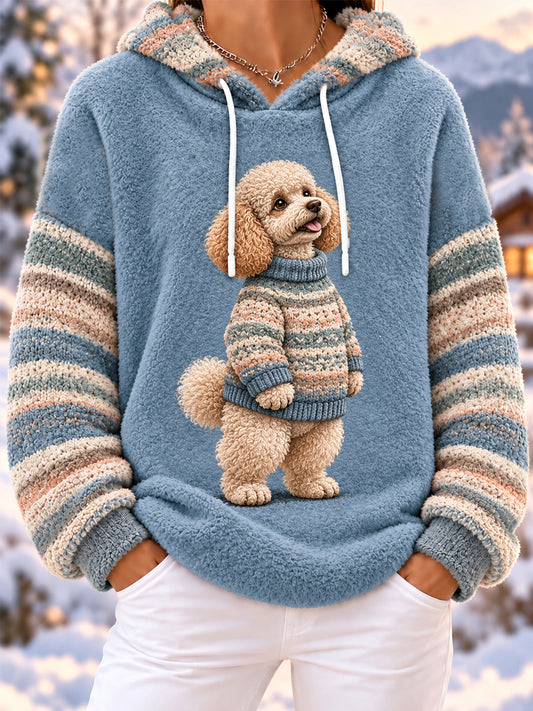 Women's Cute Winter  Poodle Print Dog Lover Casual Flannel Hoodie