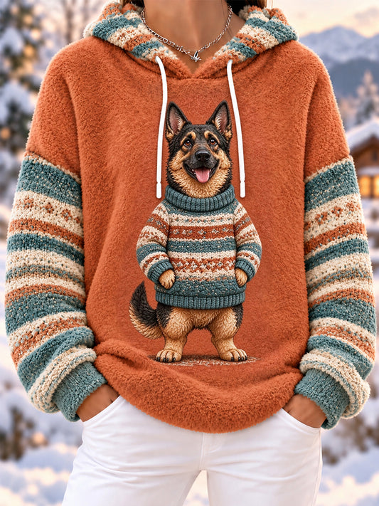 Women's Cute Winter German Shepherd Print Dog Lover Casual Flannel Hoodie