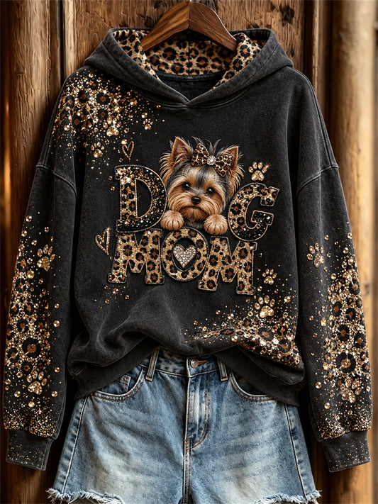 Women's Yorkie Dog Mom Glitter Leopard Print Hoodie