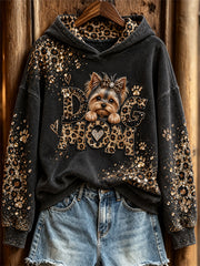 Women's Yorkie Dog Mom Glitter Leopard Print Hoodie
