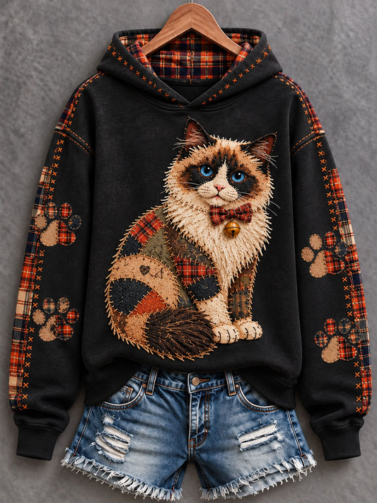 Women's Patchwork-style Cat print Regular Sweatshirt
