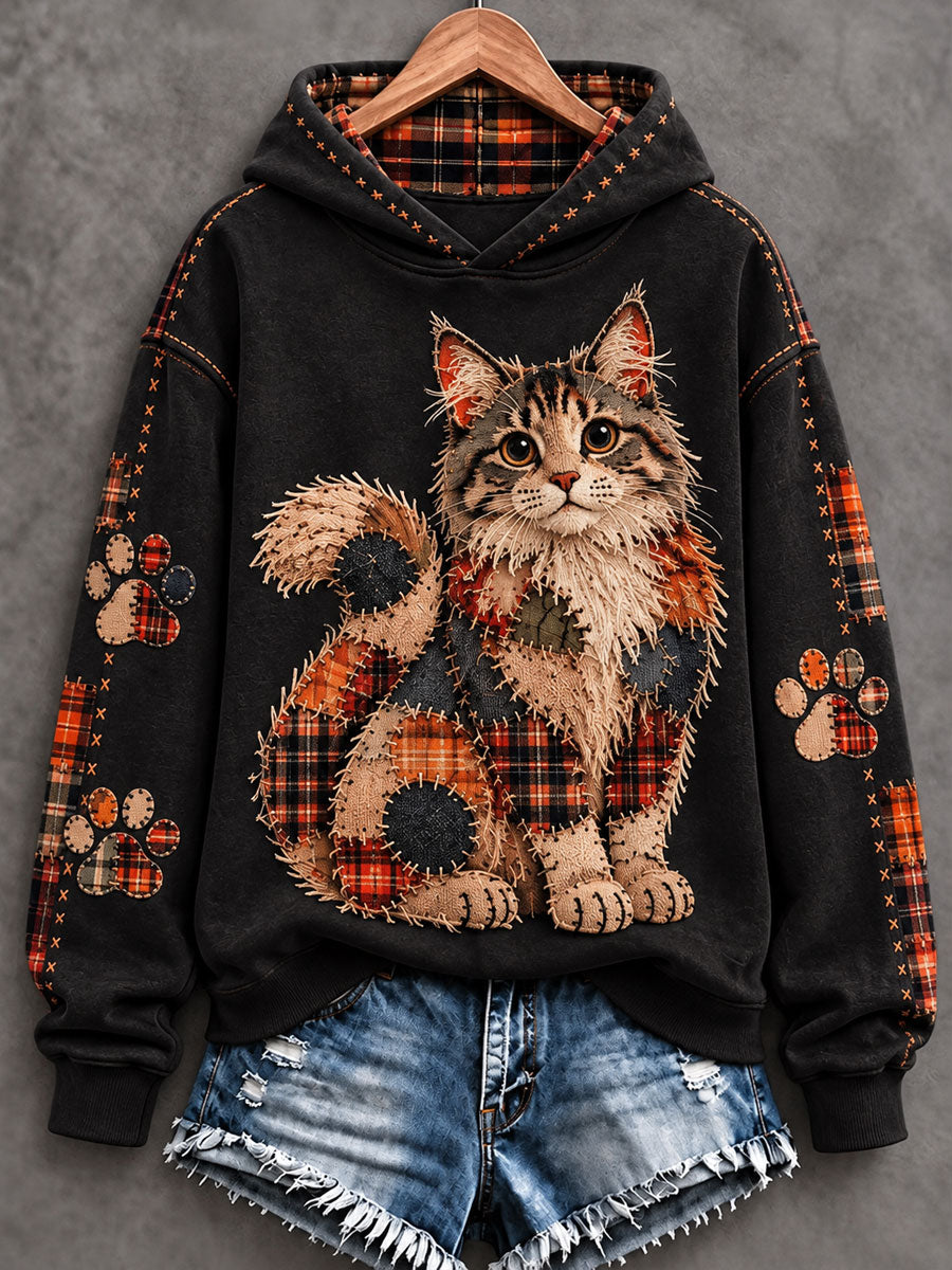 Women's Patchwork-style Cat print Regular Sweatshirt