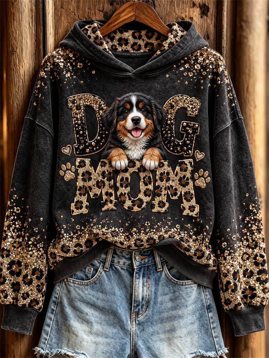 Women's Bernese Mountain Dog Mom Glitter Leopard Print Hoodie