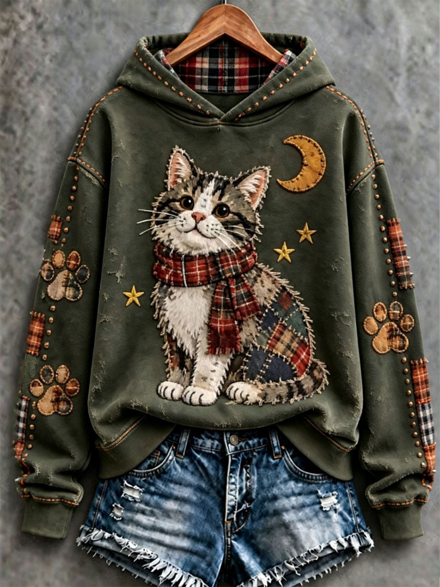 Women's Patchwork-style Cat print Regular Sweatshirt