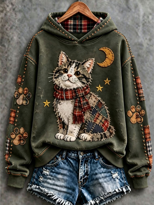 Women's Patchwork-style Cat print Regular Sweatshirt