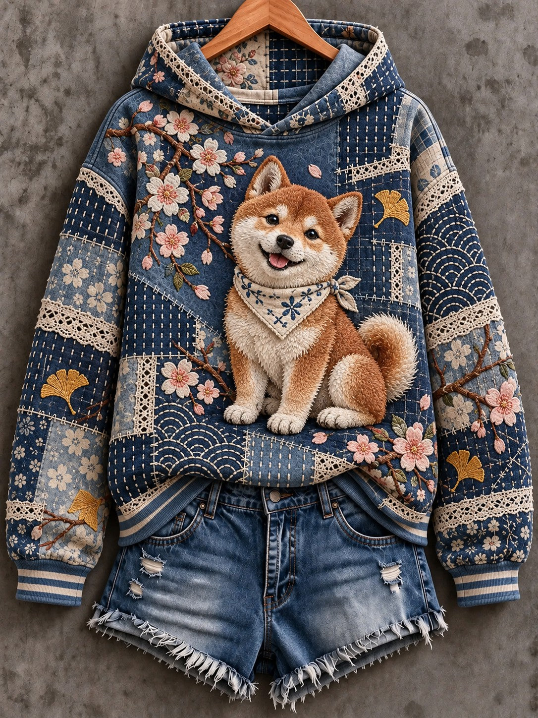 Women's Dog Floral Patchwork Printed Hoodie