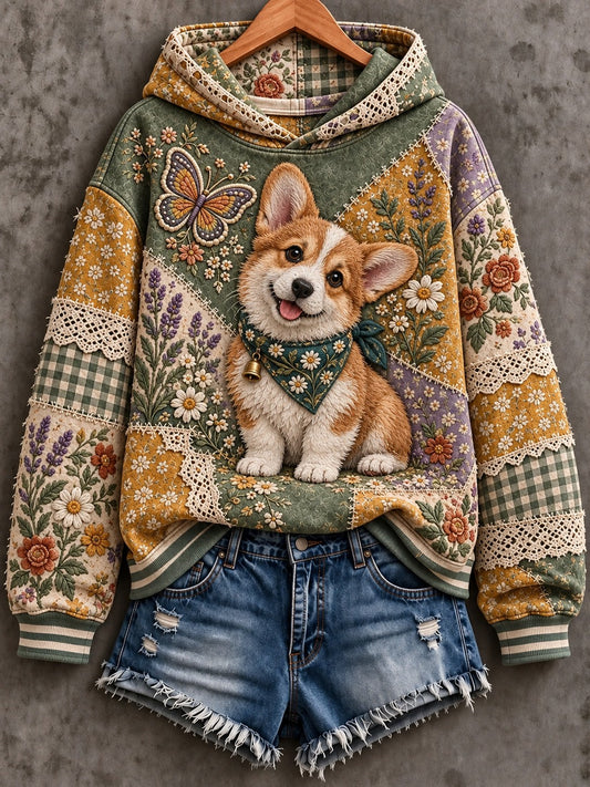 Women's Dog Floral Patchwork Printed Hoodie