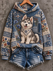 Women's Dog Floral Patchwork Printed Hoodie