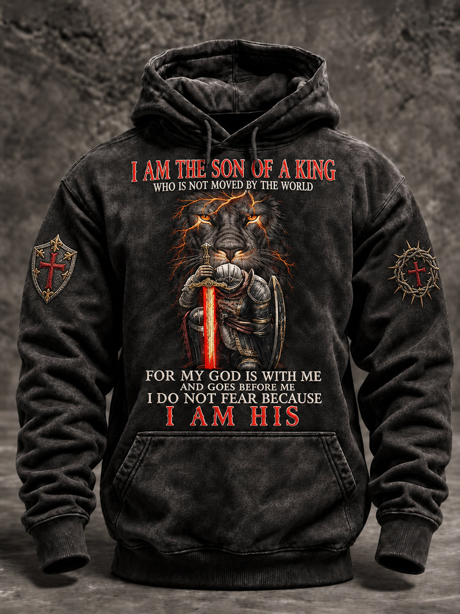 Men's Christian Lion of Judah I Am The Son of a King Cross Oversized Drop-Shoulder Hoodie with Pockets