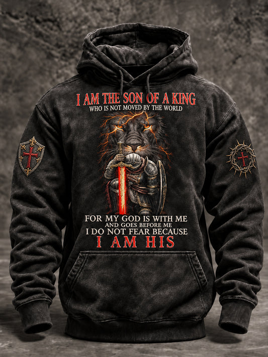 Men's Christian Lion of Judah I Am The Son of a King Cross Oversized Drop-Shoulder Hoodie with Pockets