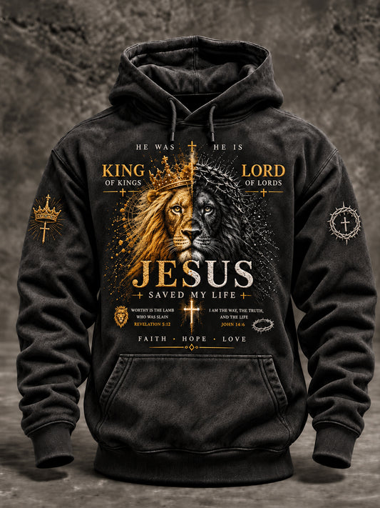 Men's Christian Lion of Judah  King of Kings Cross Oversized Drop-Shoulder Hoodie with Pockets