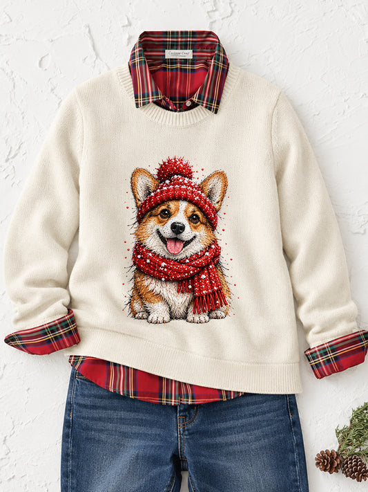 Women's Cute Corgi Print Dog Lover Christmas Casual Sweater