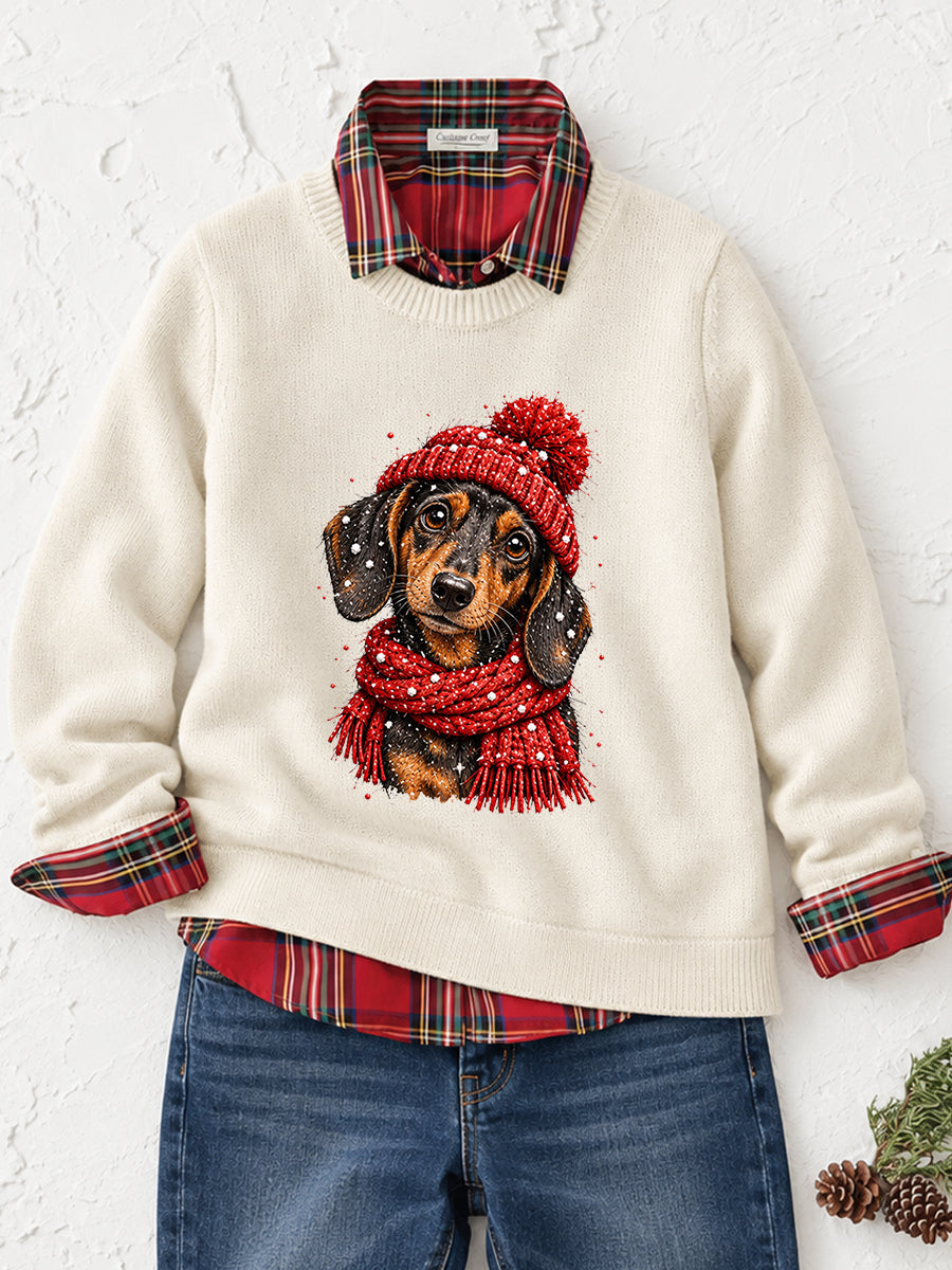 Women's Cute Dachshund Print Dog Lover Christmas Casual Sweater