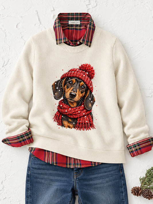 Women's Cute Dachshund Print Dog Lover Christmas Casual Sweater