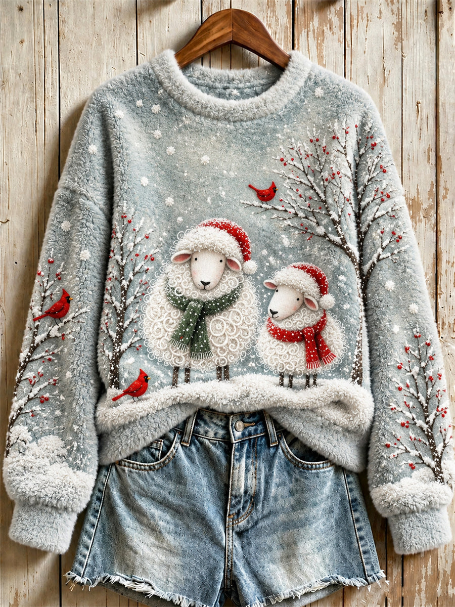Women's Snowy Christmas Sheep Landscape Print Flannel Sweatshirt