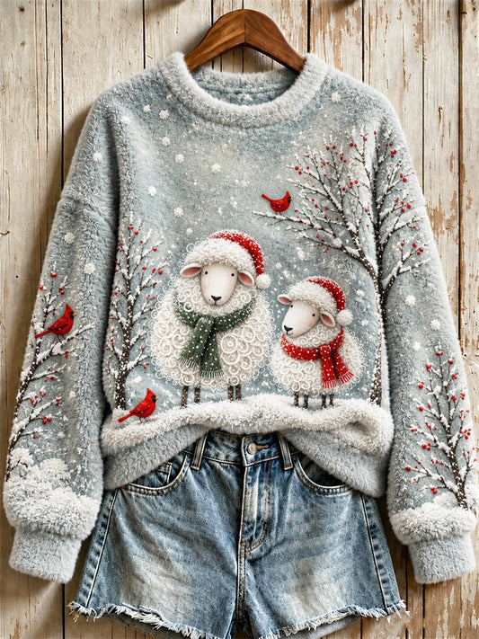 Women's Snowy Christmas Sheep Landscape Print Flannel Sweatshirt