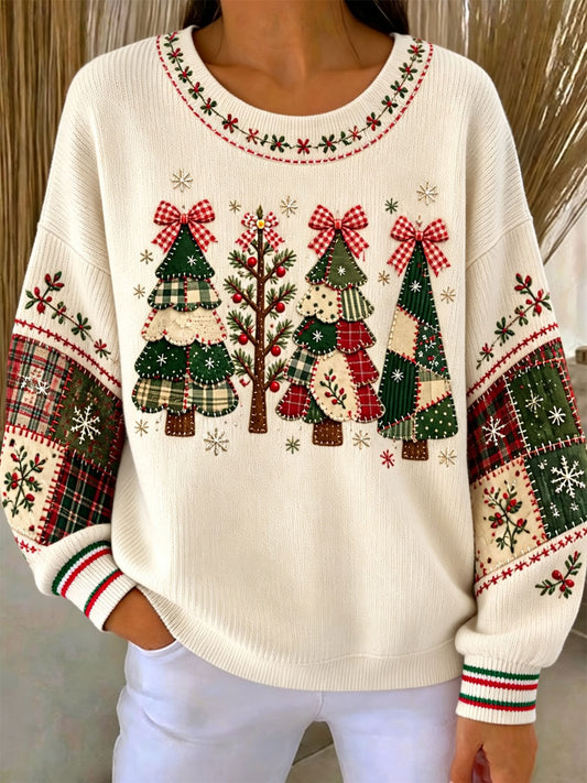 Women's Patchwork Christmas Tree Printed Ribbed Round-Neck Sweatshirt