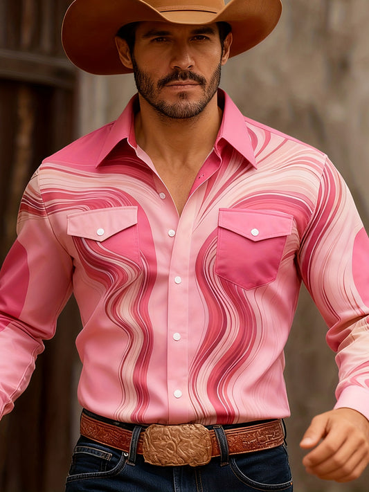 Men's Western Pink Print Long Sleeve Shirt