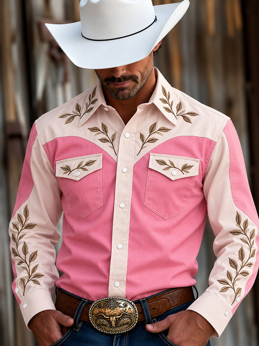 Men's Western Pink Print Long Sleeve Shirt