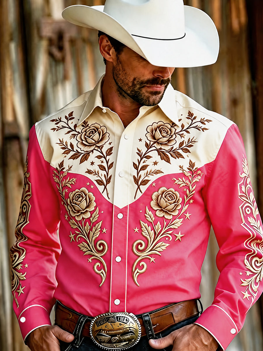 Men's Western Pink Print Long Sleeve Shirt