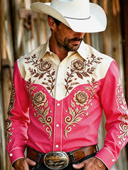 Men's Western Pink Print Long Sleeve Shirt