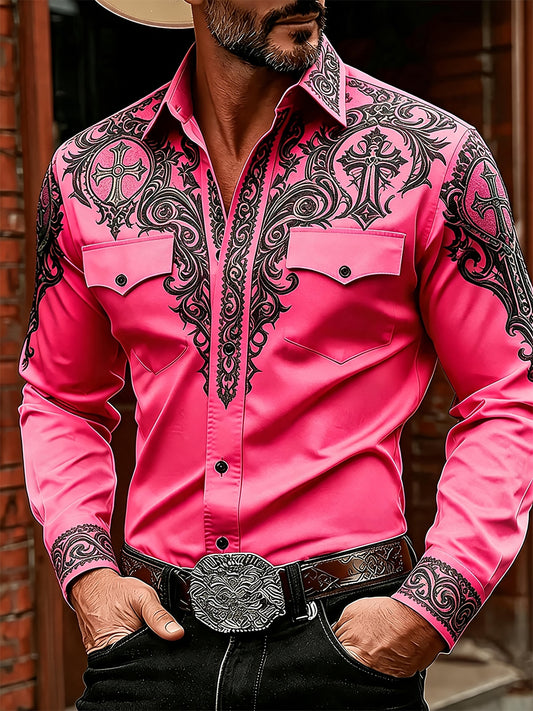 Men's Western Pink Print Long Sleeve Shirt
