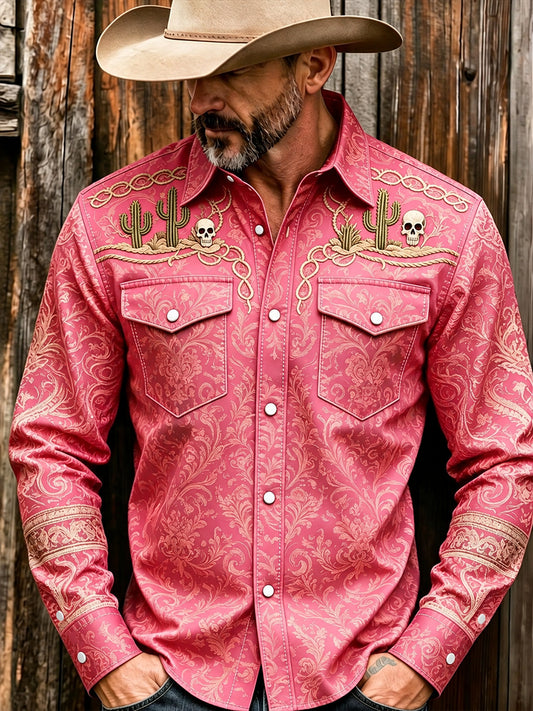Men's Western Pink Print Long Sleeve Shirt