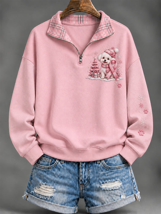Women's Pink Charity Ribbon And Bichon Frise Pattern Checkered Design Casual Half-Zip Sweatshirt