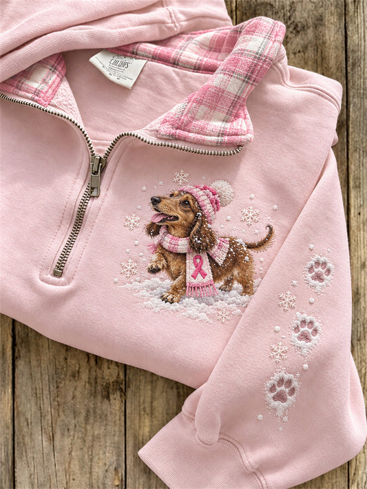 Women's Snowy Winter Dachshund Dog Breast Cancer Pink Ribbon Plaid Print Zip Up Sweatshirt