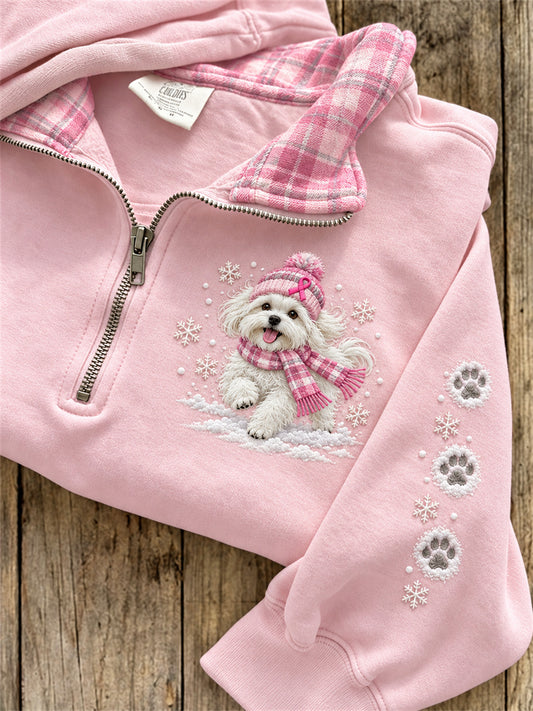 Women's Snowy Winter Maltese Dog Breast Cancer Pink Ribbon Plaid Print Zip Up Sweatshirt