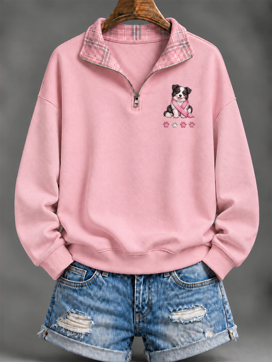 Women's Pink Charity Ribbon And Border Collie Pattern Checkered Design Casual Half-Zip Sweatshirt