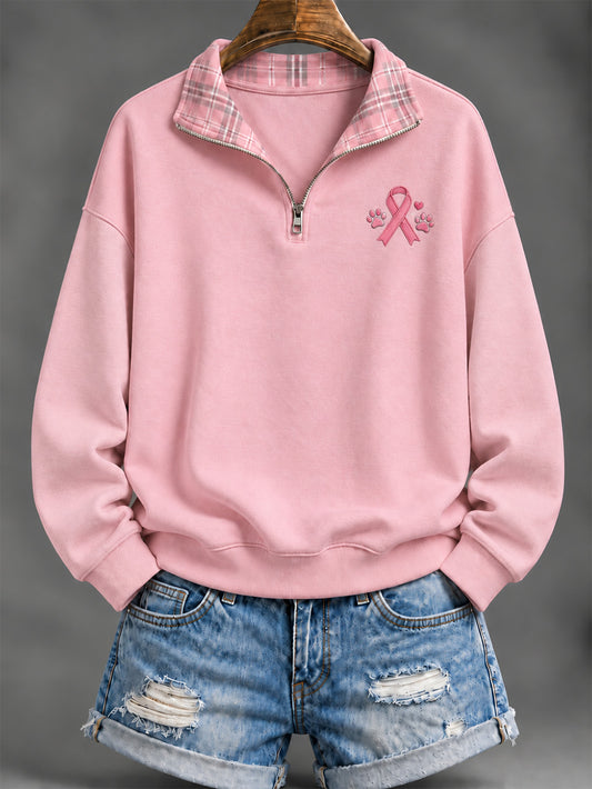 Women's Pink Charity Ribbon And Paws Pattern Checkered Design Casual Half-Zip Sweatshirt