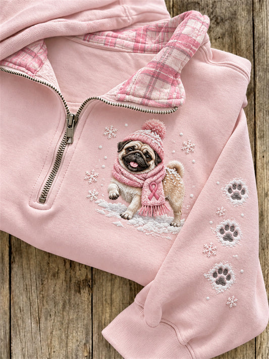 Women's Snowy Winter Pug Dog Breast Cancer Pink Ribbon Plaid Print Zip Up Sweatshirt