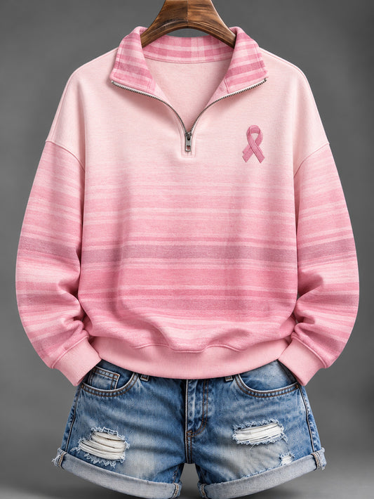 Women's Pink Charity Ribbon Pattern Striped Color-Blocked Design  Casual Half-Zip Sweatshirt
