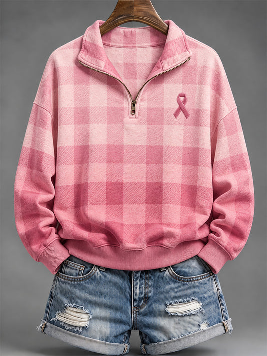 Women's Pink Charity Ribbon Pattern Checkered  Design Casual Half-Zip Sweatshirt