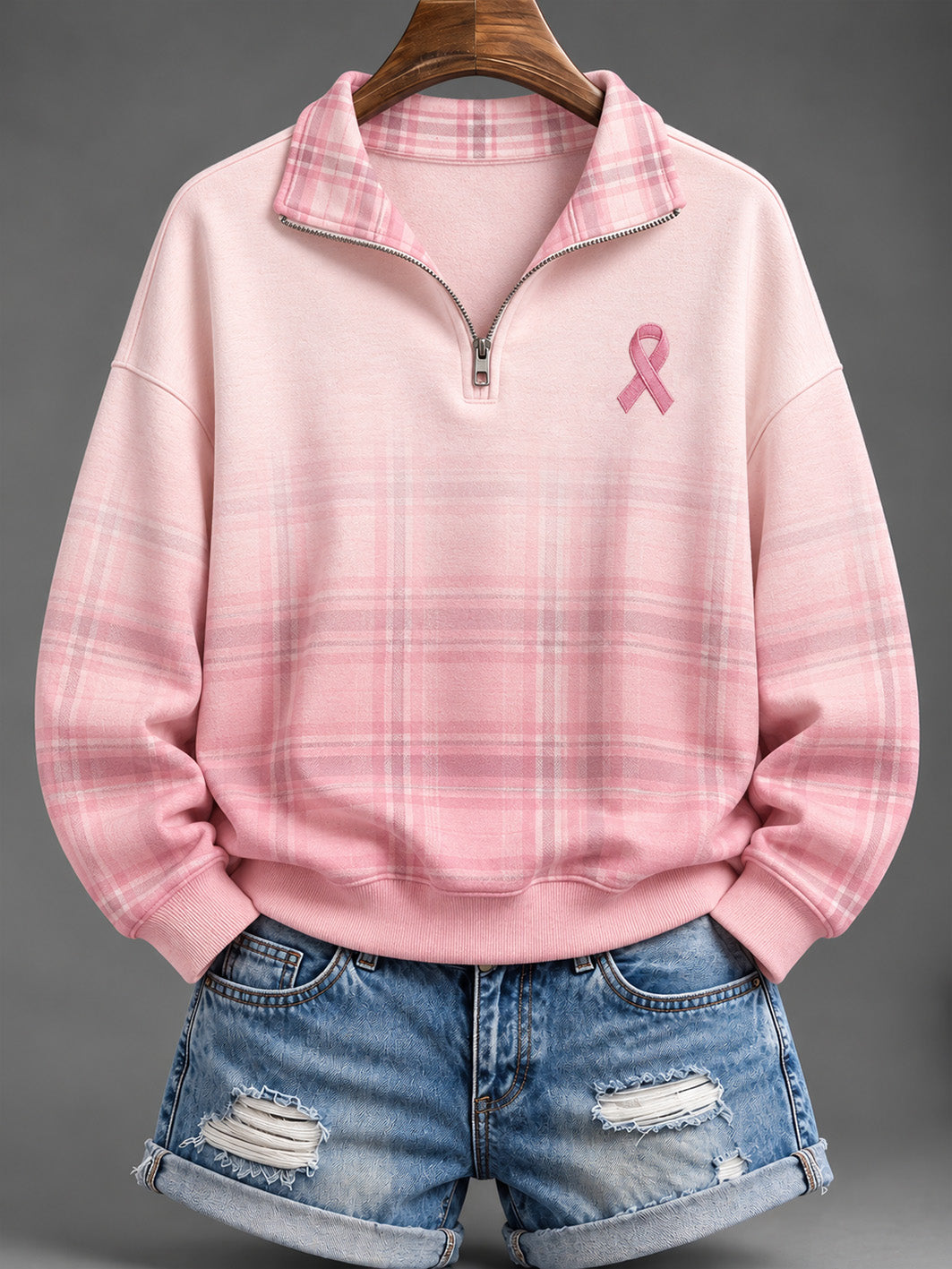 Women's Pink Charity Ribbon Pattern Checkered  Design Casual Half-Zip Sweatshirt